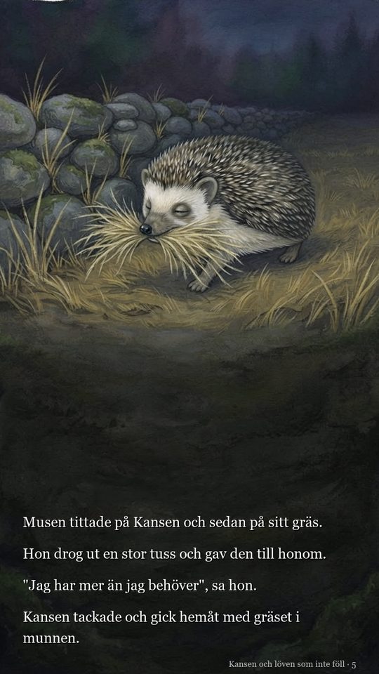 Kansen bär en tuss torrt gräs i munnen vid en gammal stenmur, med sidans text under bilden.
