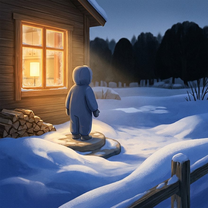 Ett barn står i snön utanför ett hus vars fönster lyser varmt i vinterkvällen.