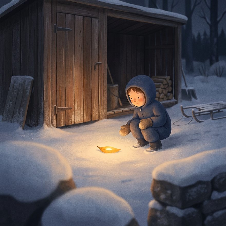 Illustration ur en av sagorna: ett barn i vinterkläder utanför ett upplyst hus en blå vinterkväll.