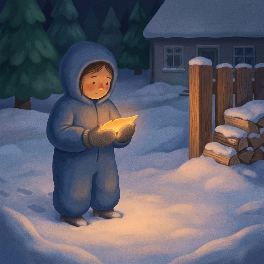 Barnet håller något som lyser varmt i händerna, ute i snön.